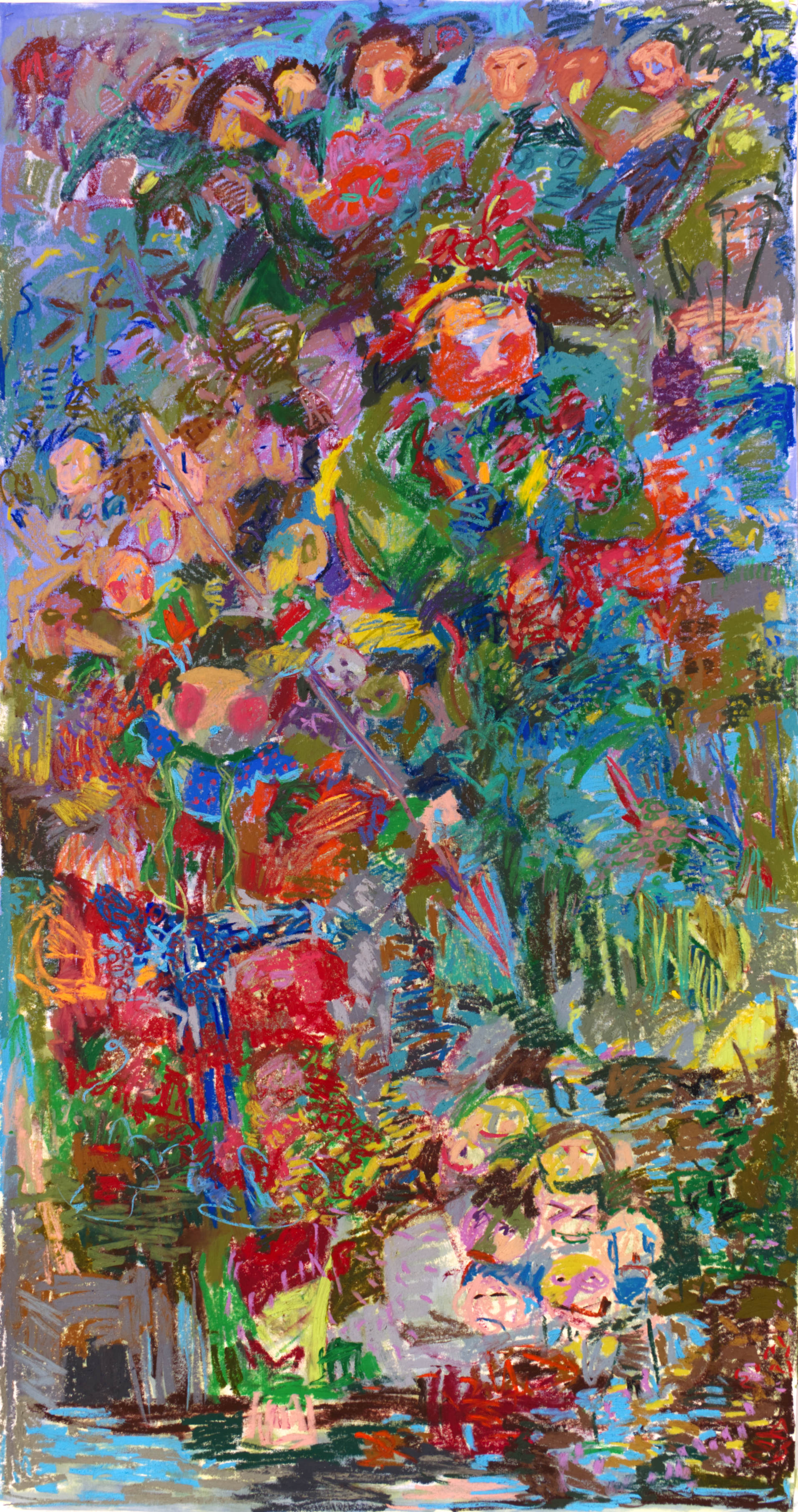 Oil pastel and Acrylic on Evolon; 40”x80”; 2019 Based on The Annunciation by El Greco