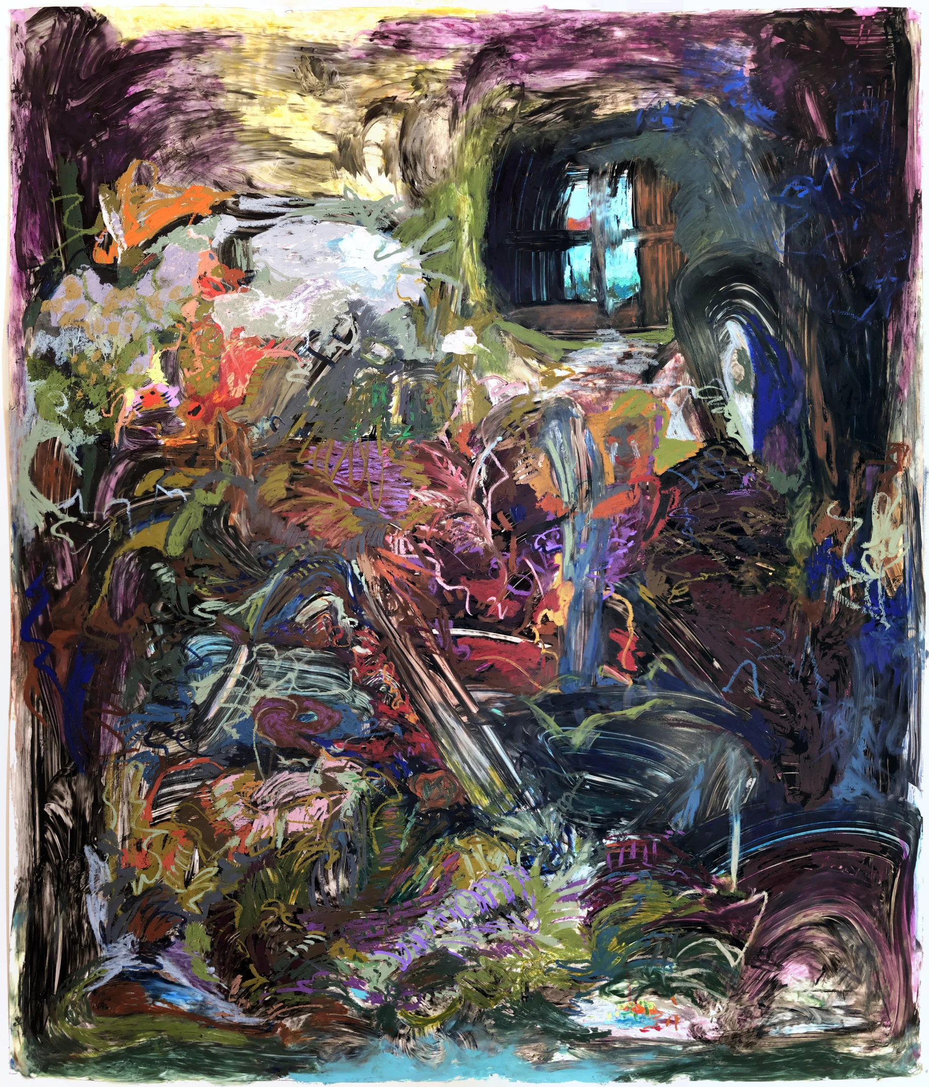 Wrestling with (my God!) my God; Oil Pastel and Acrylic on Yupo; 70”x60”'; 2019; Based on Pierre Bonnard’s Interieur