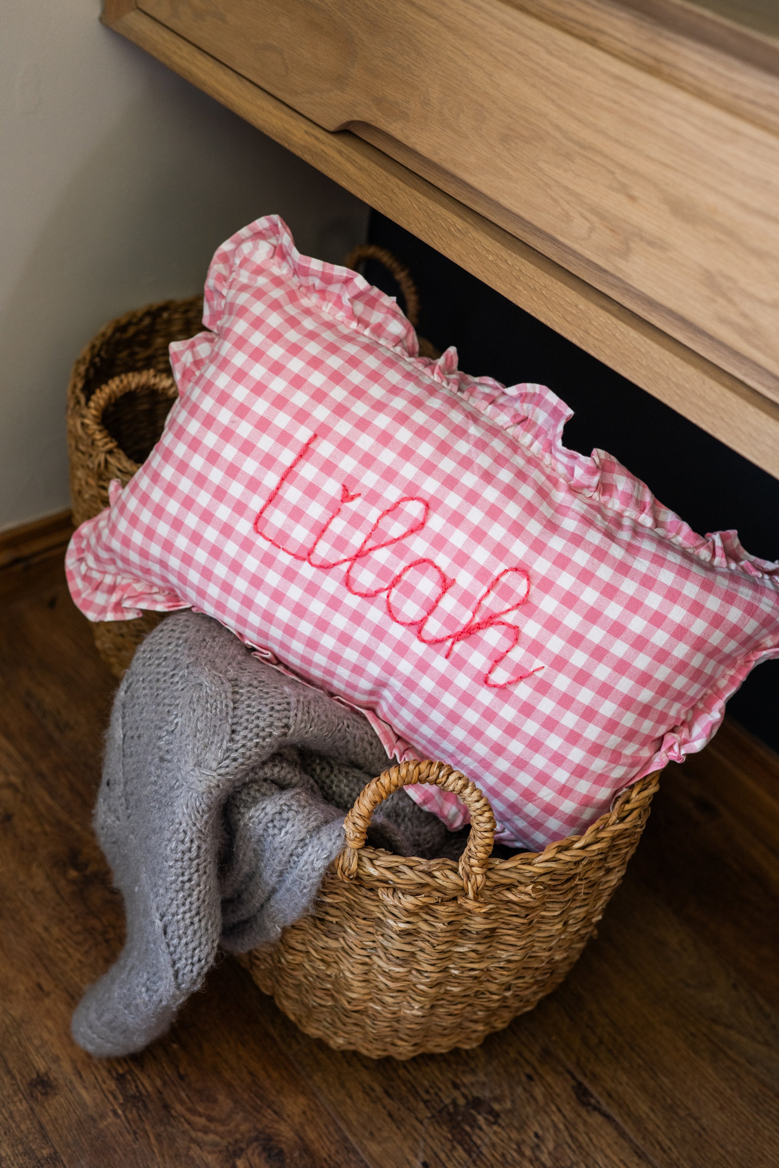 Personalised PINK Gingham Ruffle Cushion