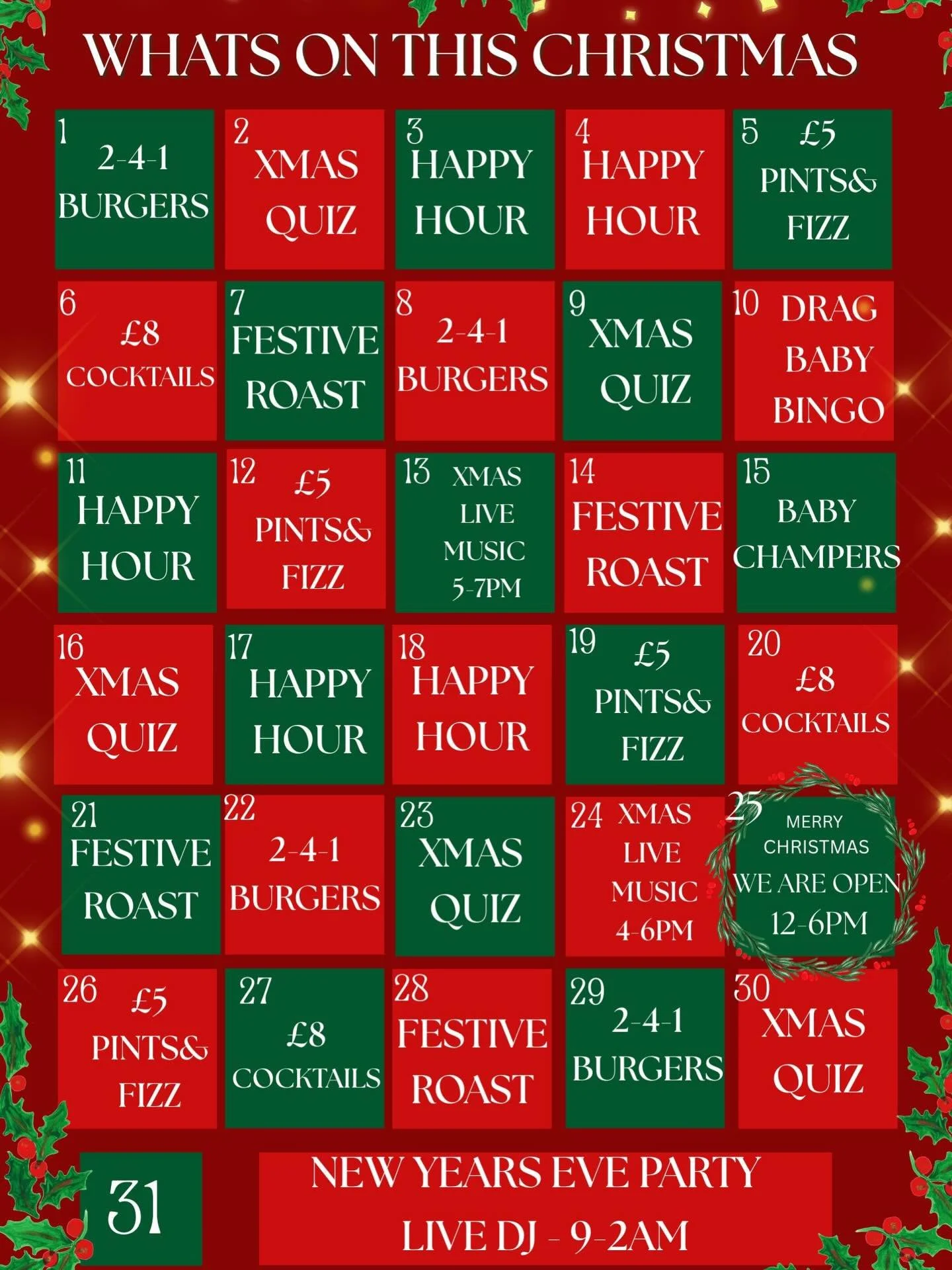 🎄 DECEMBER LOADING&hellip; AND IT&rsquo;S A BIG ONE 🎄 Your festive season plans? Fully handled 👇
✨ HAPPY HOUR Monday&ndash;Thursday, all day 🍺 &pound;5 PINTS &amp; FIZZ every Friday daytime 💅 Drag Baby Bingo &mdash; camp, chaos &amp; killer priz