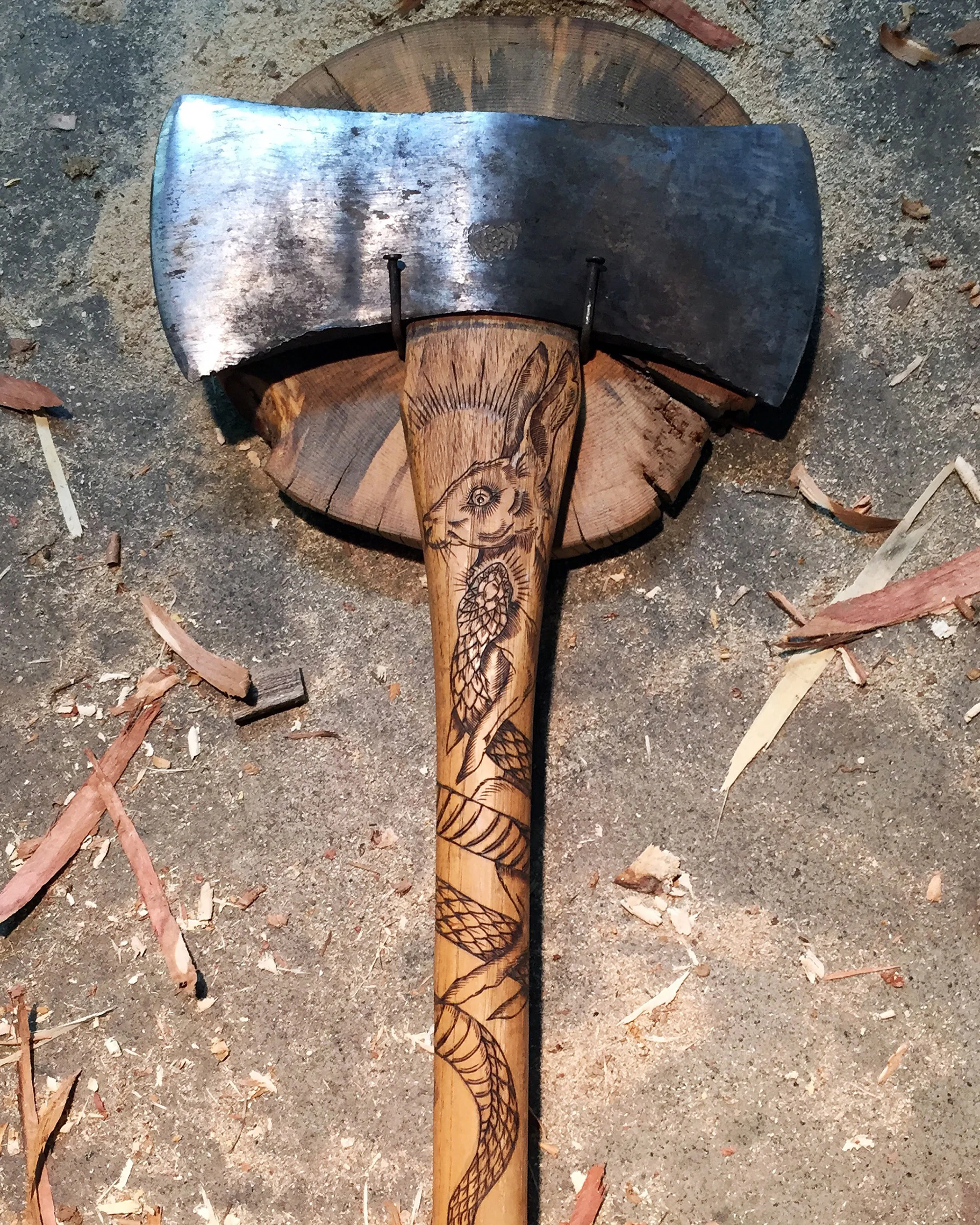 Rabbit & Snake on antique double bit axe