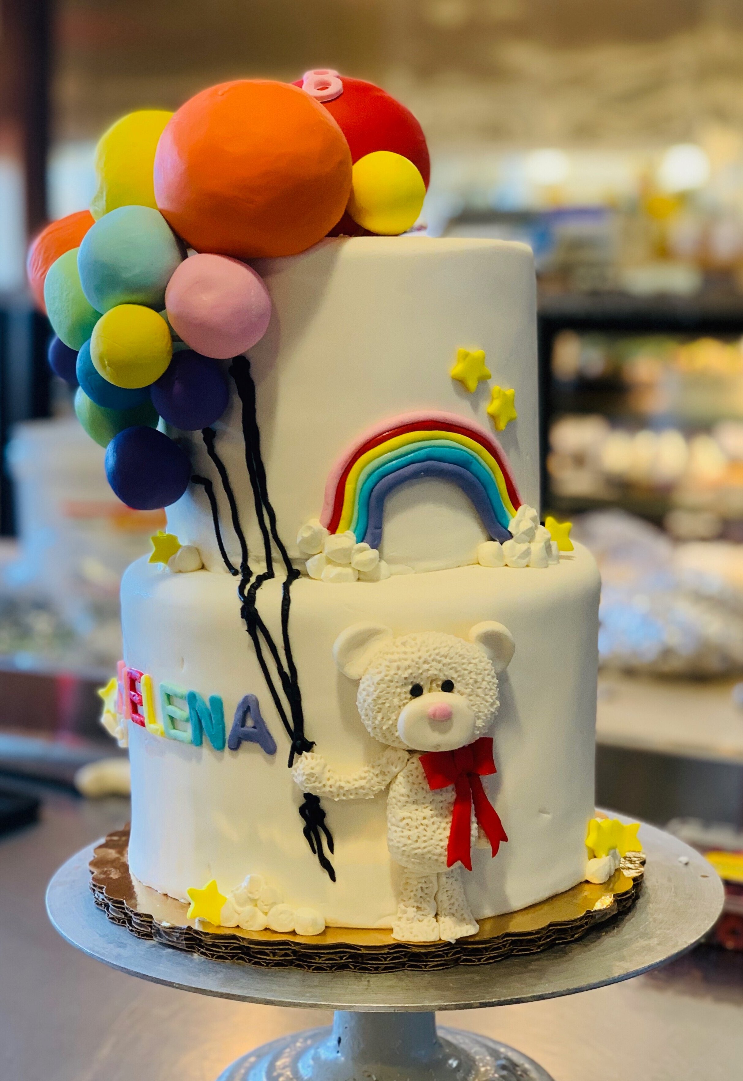 “Bear with Balloons” Birthday cake handmade by our baker.