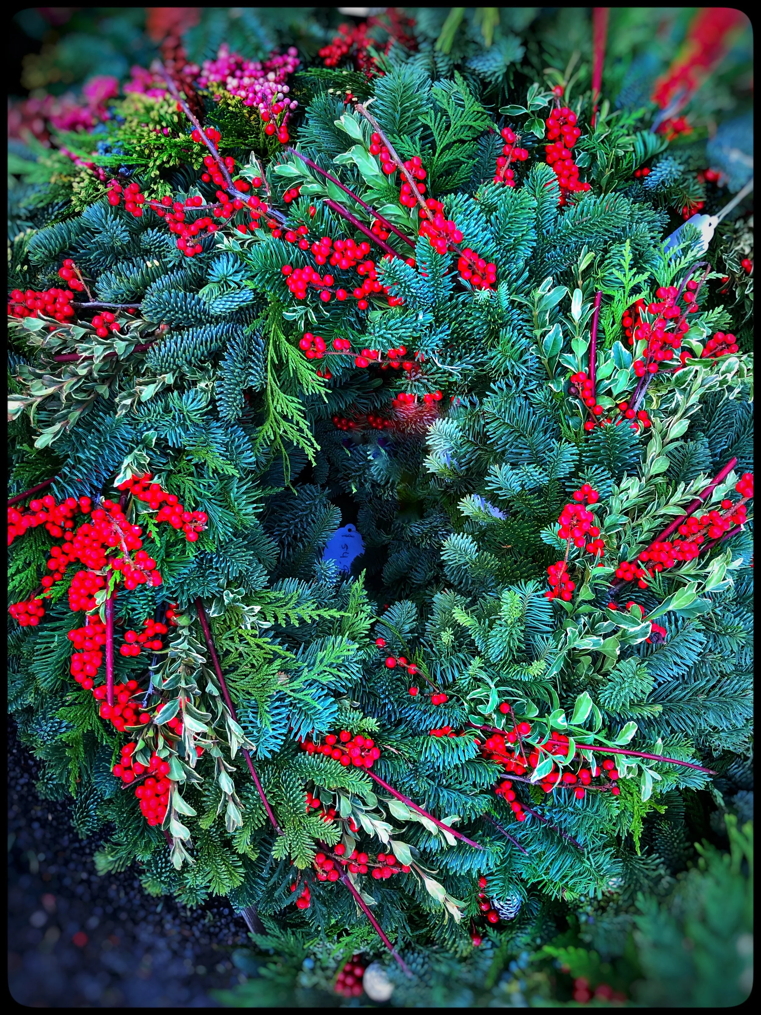 Wreaths with berries, pinecones and traditional decorating materials at our store. Decorate now for the winter season!