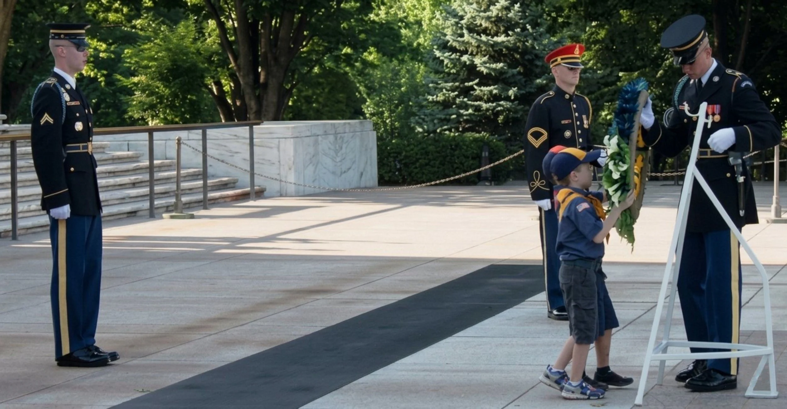 Two Cub Scouts lay a wreath at the Tomb of the Unknown Solider