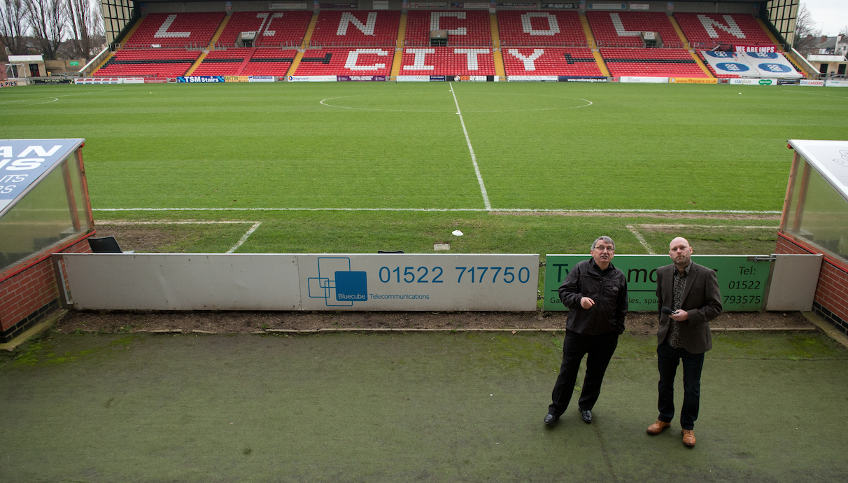 Graham with journalist Lionel Birnie, who worked with him on the book, at Lincoln City's Sincil Bank.