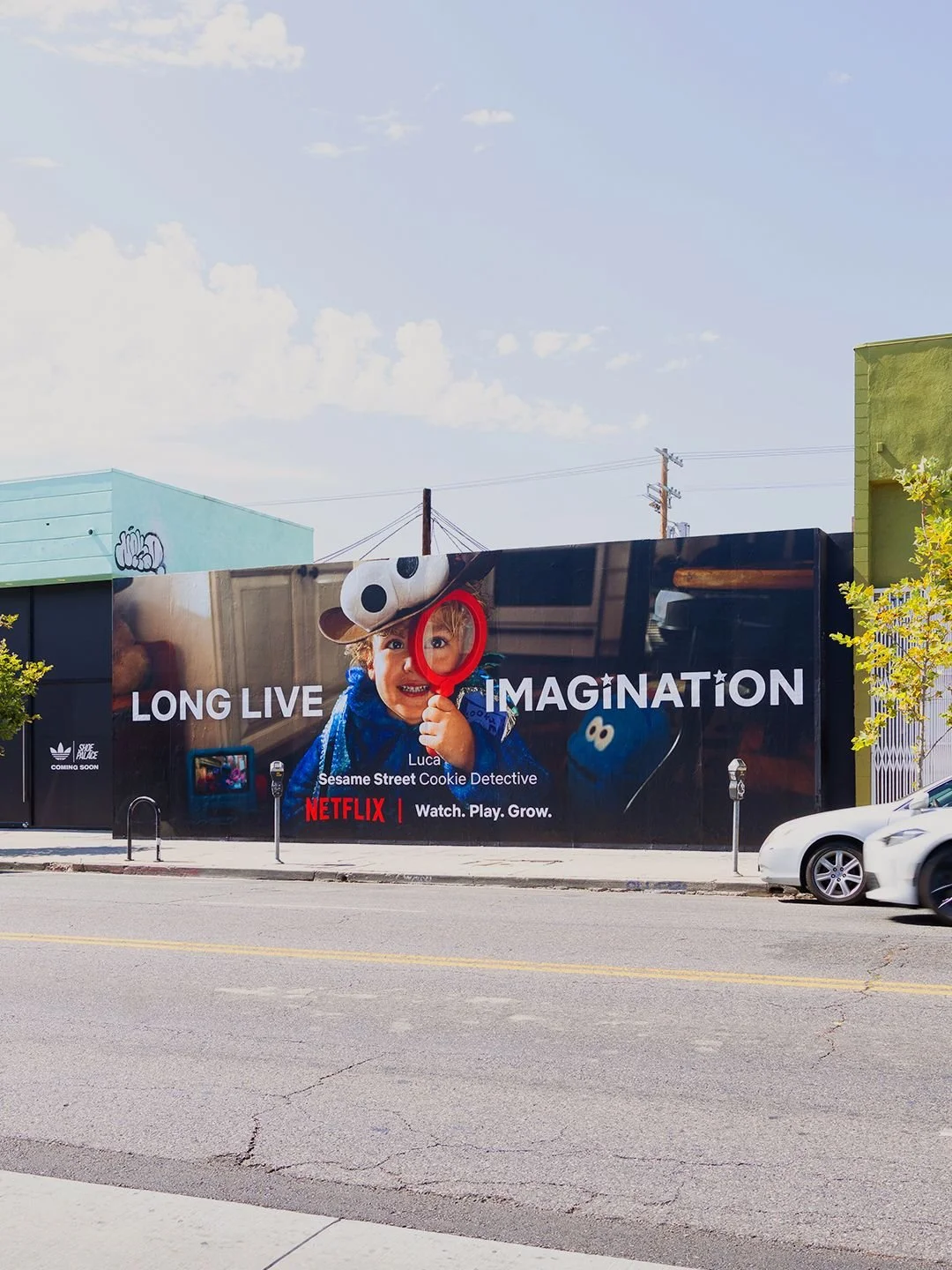 Billboard advertisement featuring a young child dressed as a Sesame Street character, holding a magnifying glass, promoting the show 'Luca' on Netflix with the slogans 'Long Live Imagination' and 'Watch. Play. Grow.'.