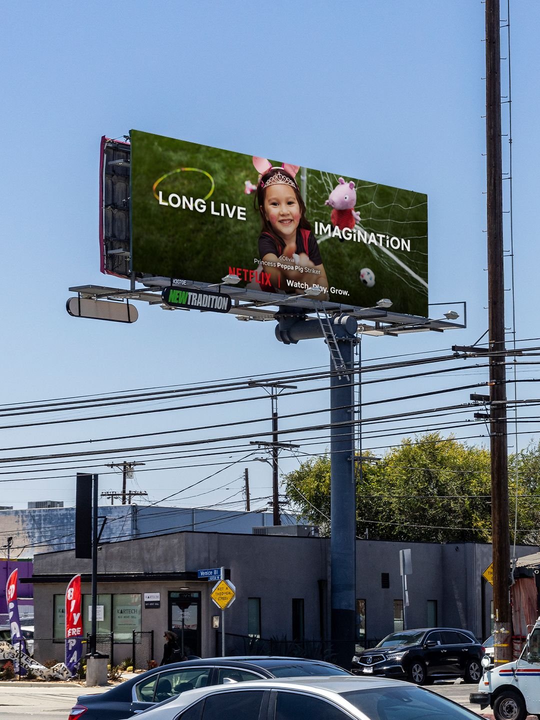Billboard advertisement featuring a young girl wearing a princess crown and bunny ears, smiling in front of a pink pig stuffed toy and spider web, promoting Netflix with the slogans 'Long Live Imagination' and 'Watch Play Grow'.