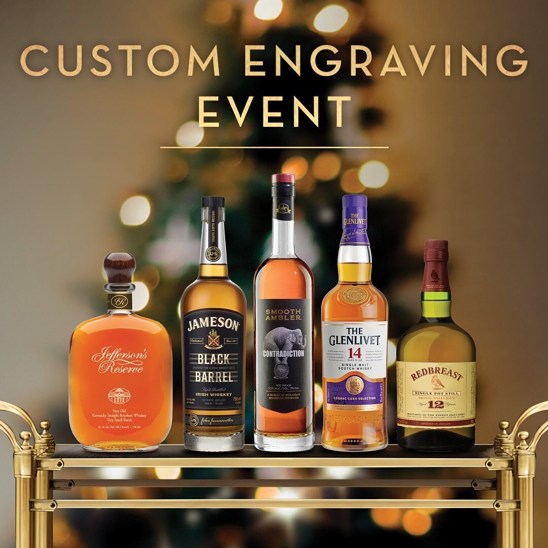 Visit our Daniel Island location on December 10th, between 3pm and 6pm, or call 843-906-4475 to pre-order for free bottle engraving when you purchase the select @pernodricard brands tagged in the photo!