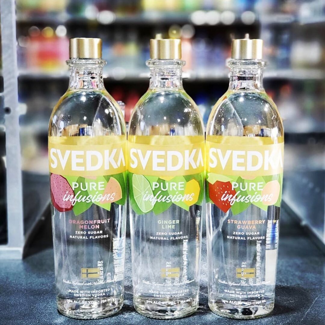 New product alert!
Svedka Pure Infusions - zero sugar, naturally flavored vodka in wild flavors: Ginger Lime, Strawberry Guava, and Dragonfruit Melon.
Drink with soda water on ice for a light, refreshing drink that will tickle your tastebuds and give