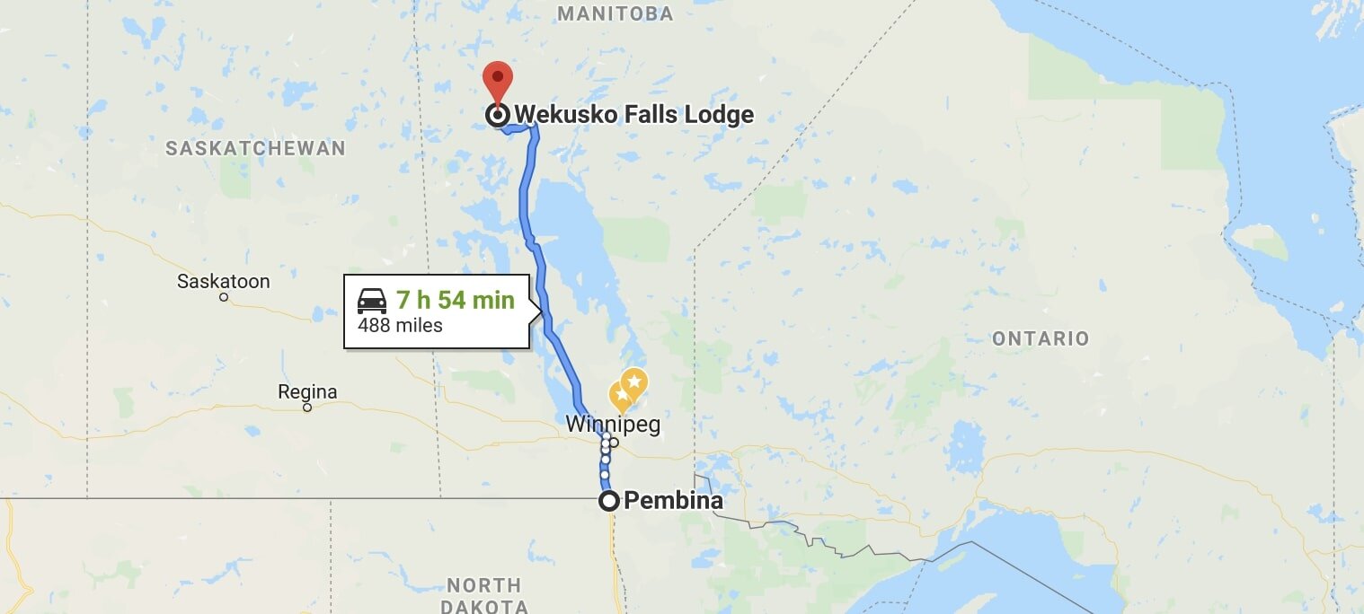 The trek from Pembina North Dakota to Wekusko Falls Lodge in Manitoba.