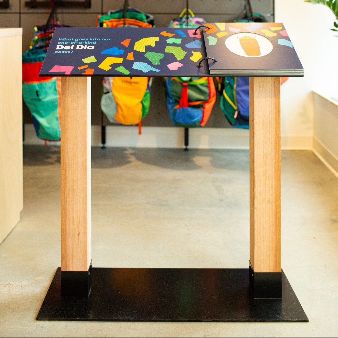 Another super-sweet in-store display for Cotopaxi Boulder. This interactive POP pedestal tells the inspiring history of Cotopaxi&rsquo;s Del D&iacute;a product line. Alternating pages have little peek-through moments that preview the unfolding story.