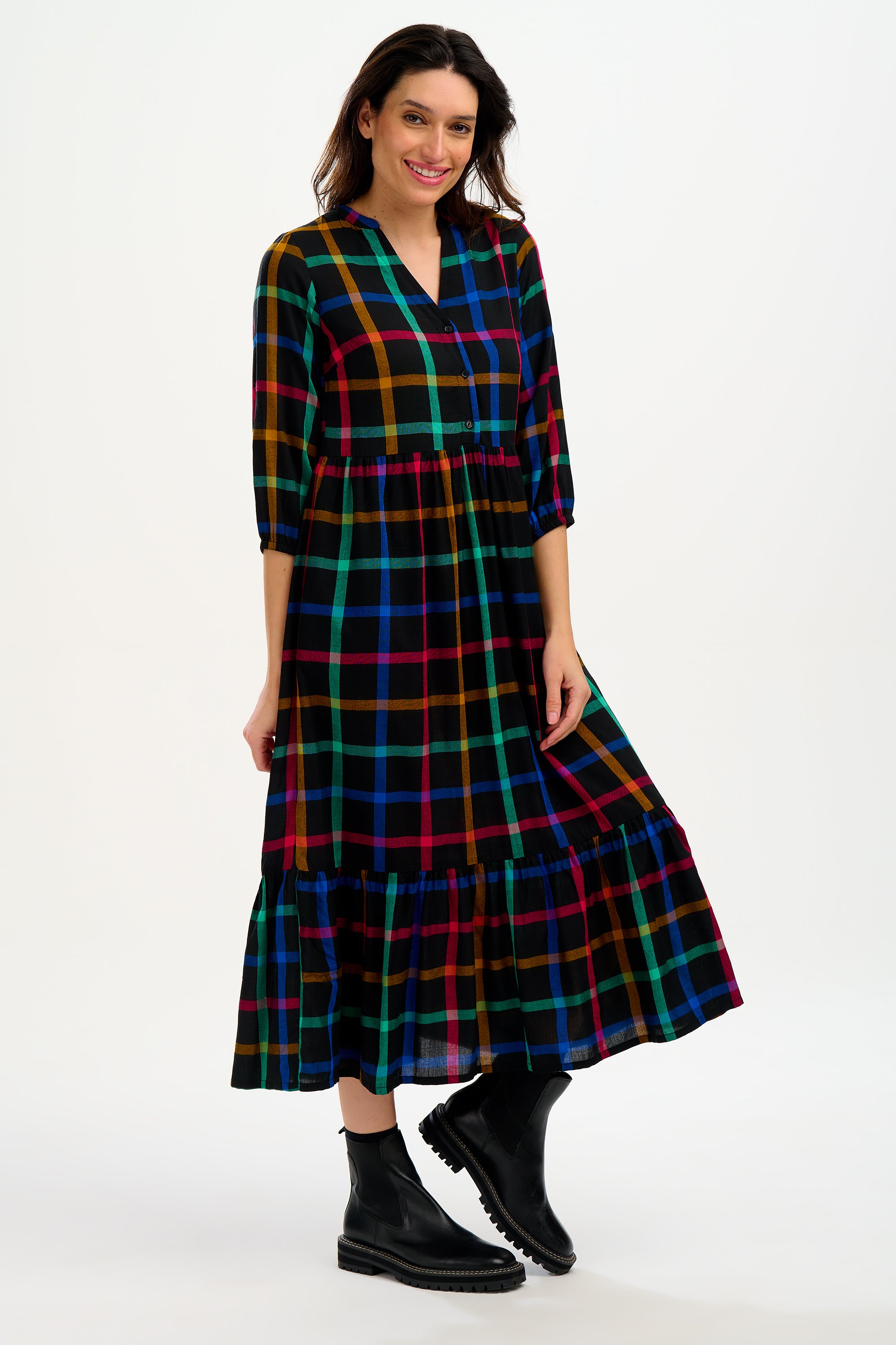 Uri Midi Smock Dress - Black Rainbow Check by Sugarhill Brighton