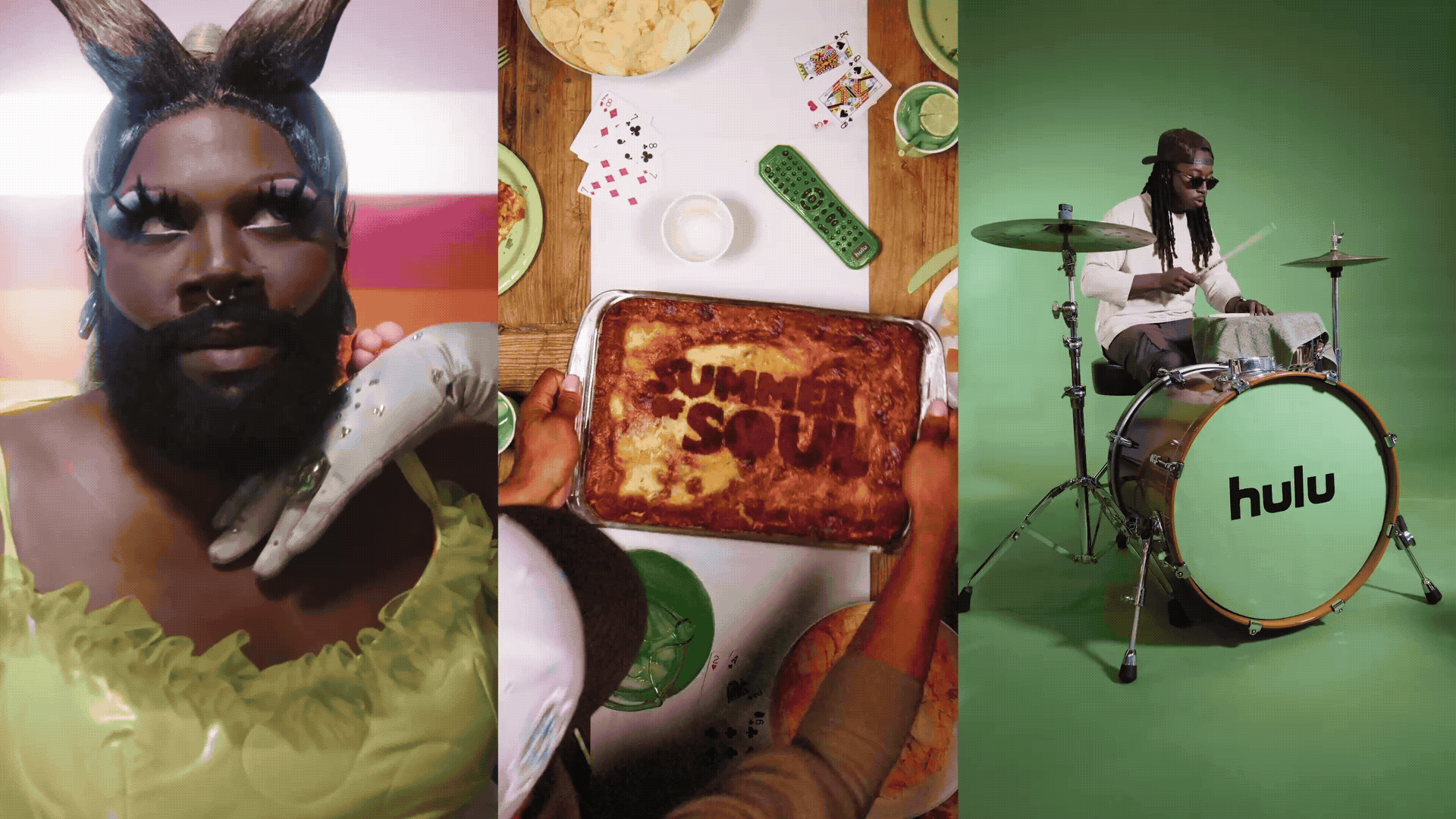 Triptych featuring a person with anthropomorphic features, a pizza being served, and a person playing drums with a Hulu-branded drum set against a green background.
