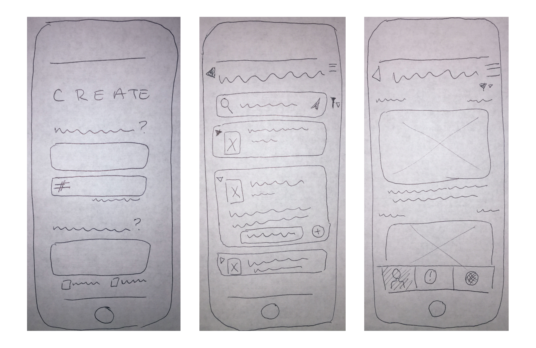 Low fidelity wireframes of creating a game, finding a game, and photo feed