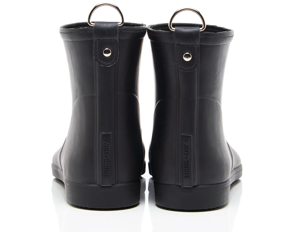 alice and whittles minimalist black ankle rain boot product photography