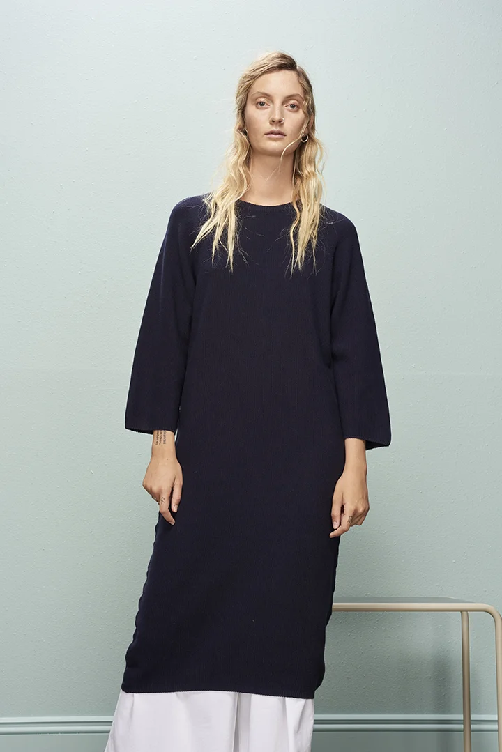 kowtow navy slow pace dress sustainable fashion product photography