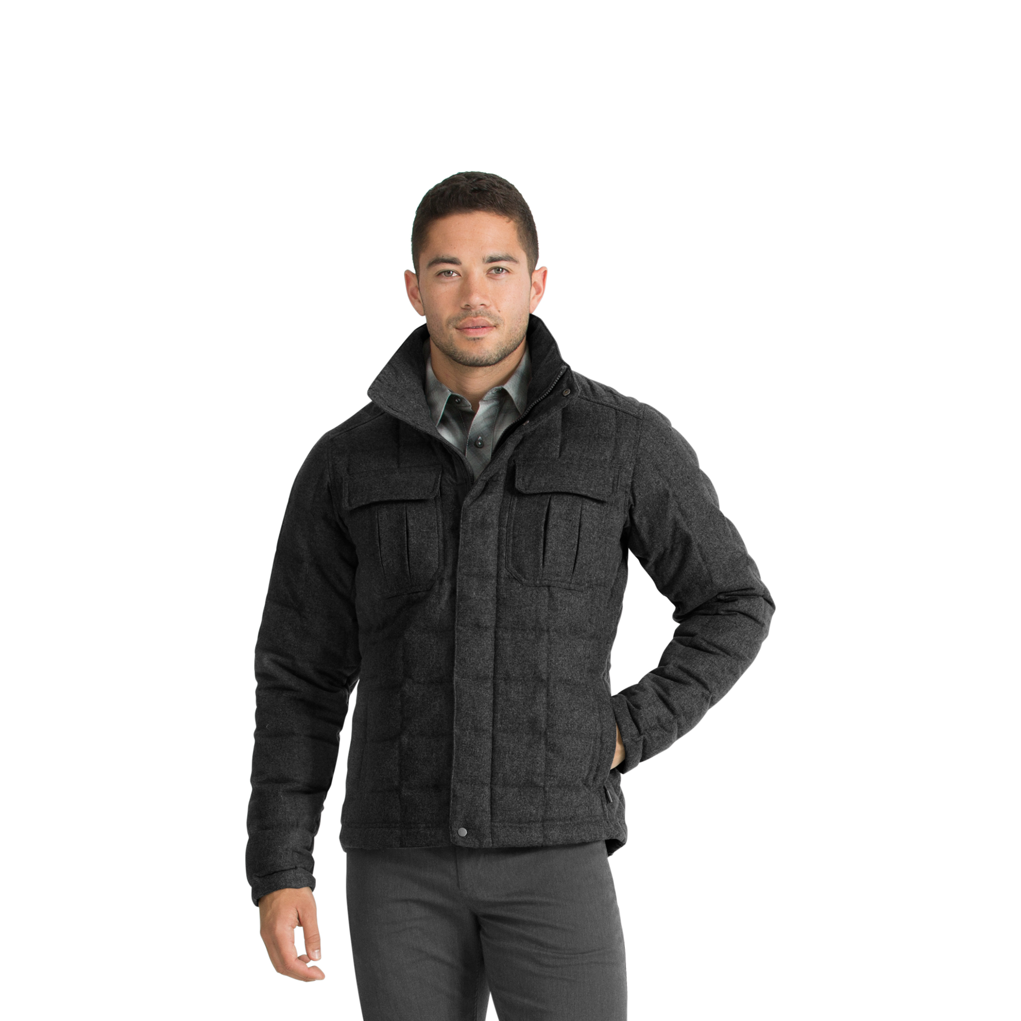 nau utility wool down jacket caviar heather product photography