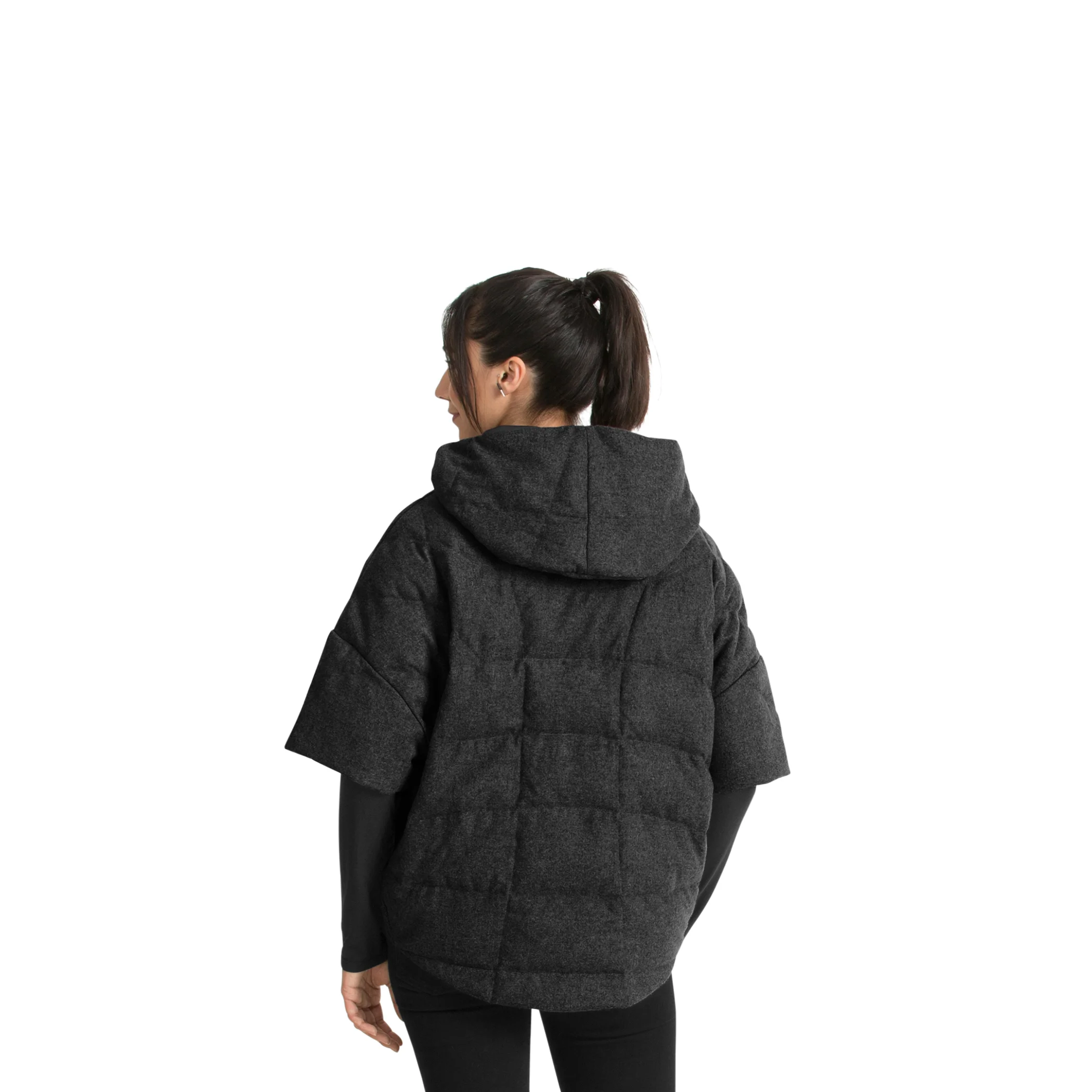 wool down stole Nau reclaimed wool recycled Pet recycled down caviar heather womens Womens outerwear winter jacket fall coat warm classics with a twist unisex Sustainable Fashion Product photography