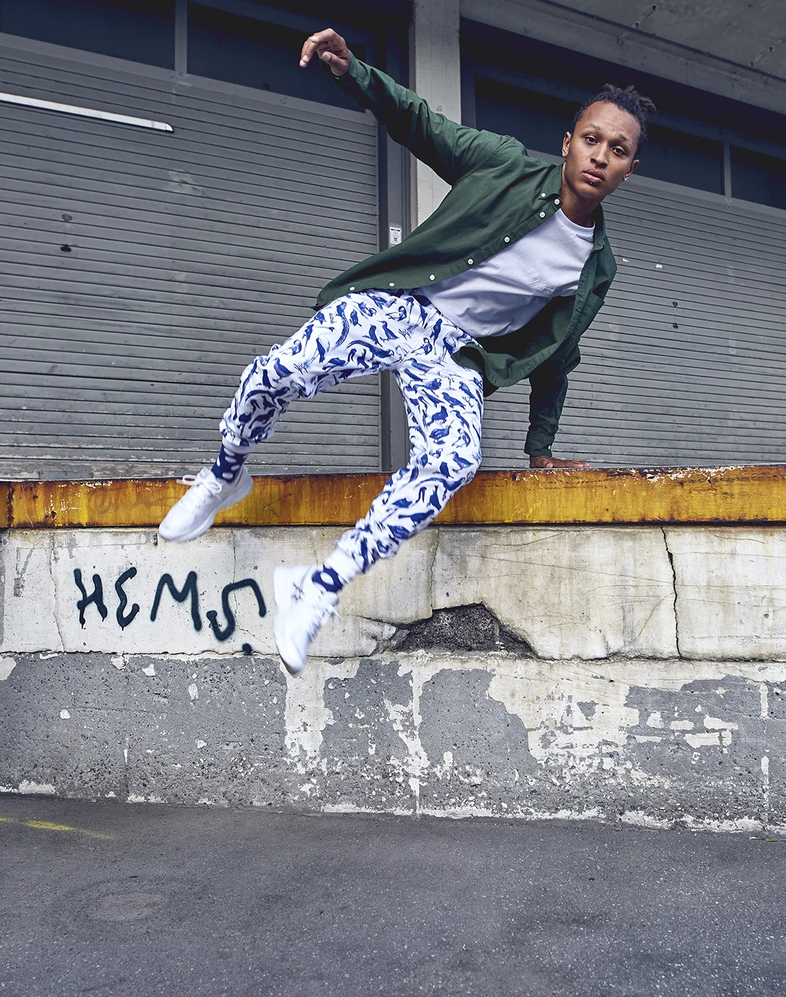 dedicated blue bird sweatpants white product photography