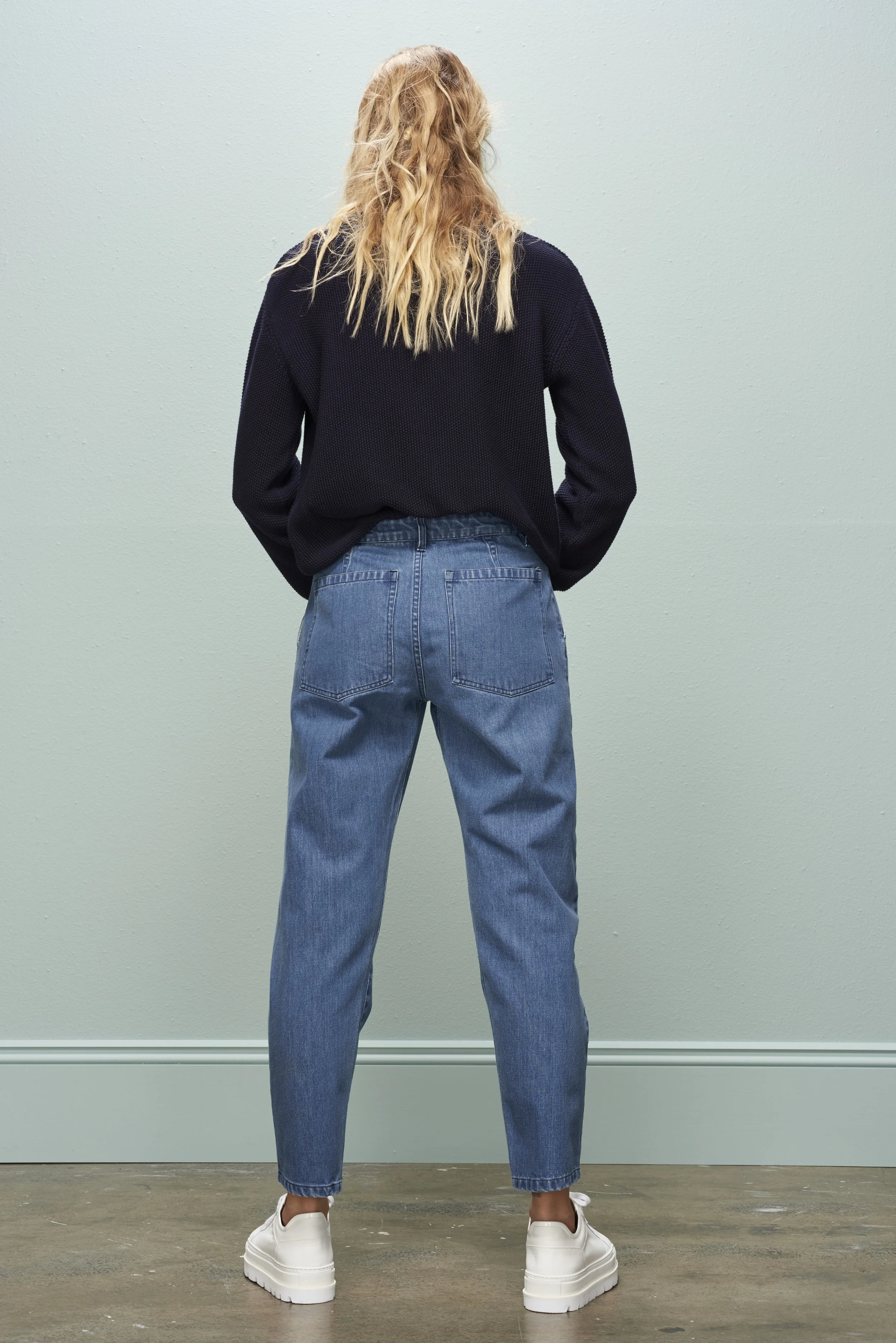kowtow blue turnaround pant product photography