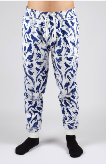 dedicated blue bird sweatpants white product photography