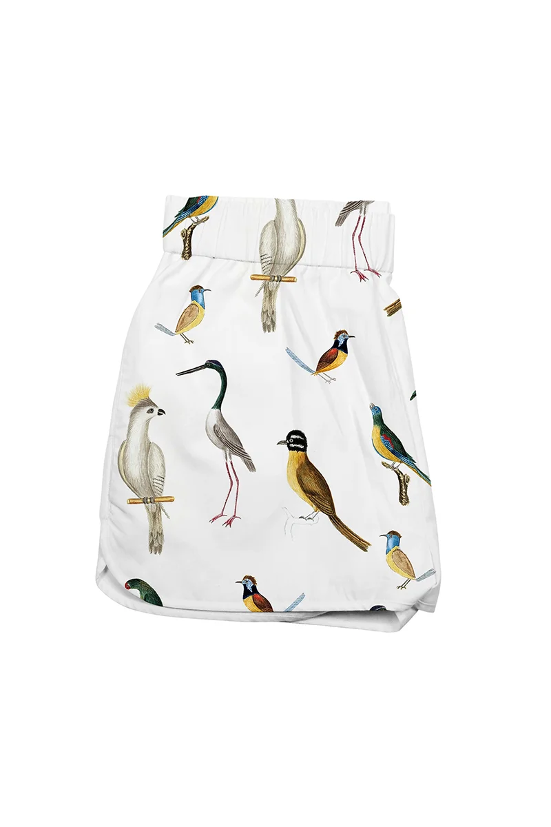 dedicated birds shorts white with drawn birds product photography