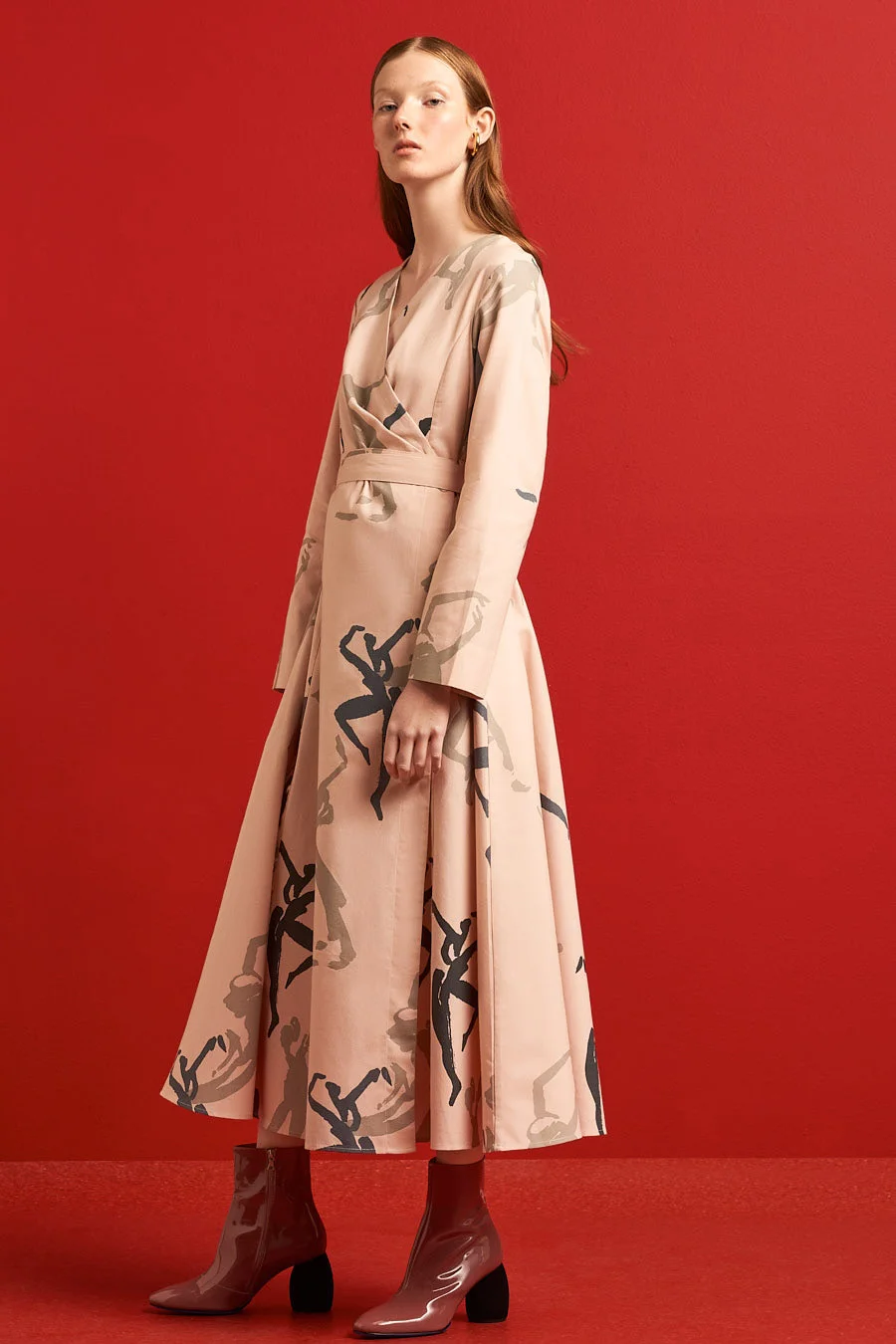 kowtow bausch dancer wrap dress pink with painted figures product photography