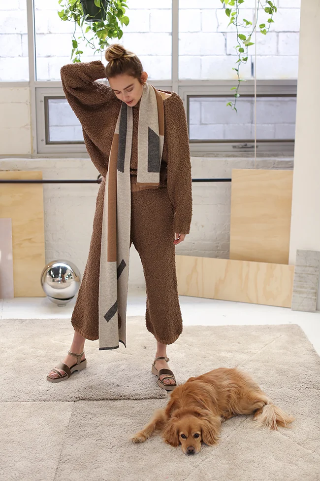 kordal textured alpaca sweater pants chesnut product photography