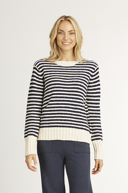indigenous navy cream striped boucle sweater product photography