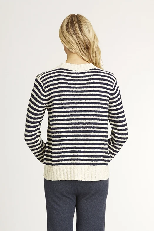 indigenous navy cream striped boucle sweater product photography