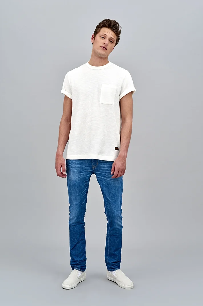 Ryan tshirt Kings of Indigo organic cotton blue carters mens pants jeans denim minimal casual dress up shaping sustainable fashion product photography