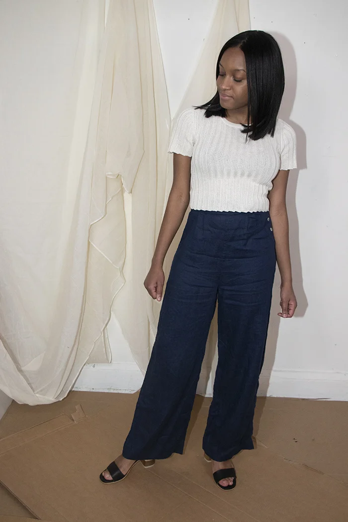 sugar candy mountain naturally dyed indigo linen pants product photography
