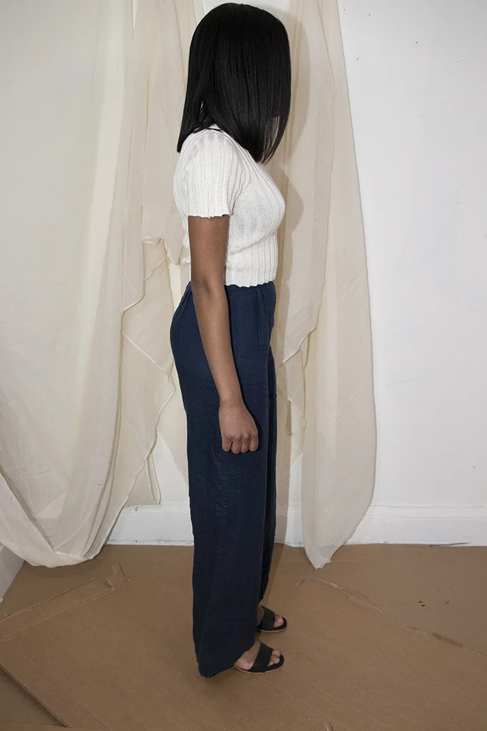 sugar candy mountain naturally dyed indigo linen pants product photography
