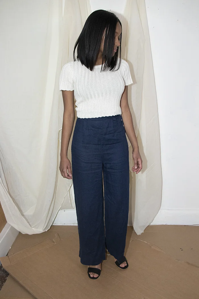 sugar candy mountain naturally dyed indigo linen pants product photography