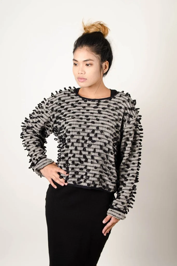 tonle srey oun black and grey sweater upcycled Sustainable Fashion Product Photography