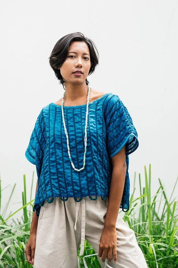 tonle takeo crop top blue upcycled textile scraps sustainable fashion product photography