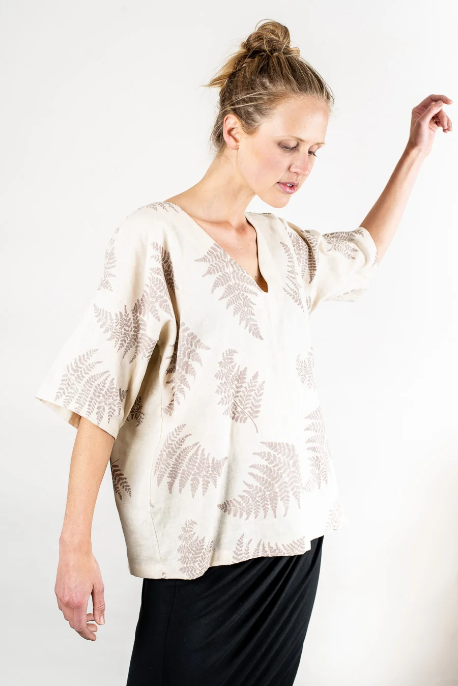 Tonle Veha fern top natural taupe hand printed linen Sustainable Fashion Product Photography