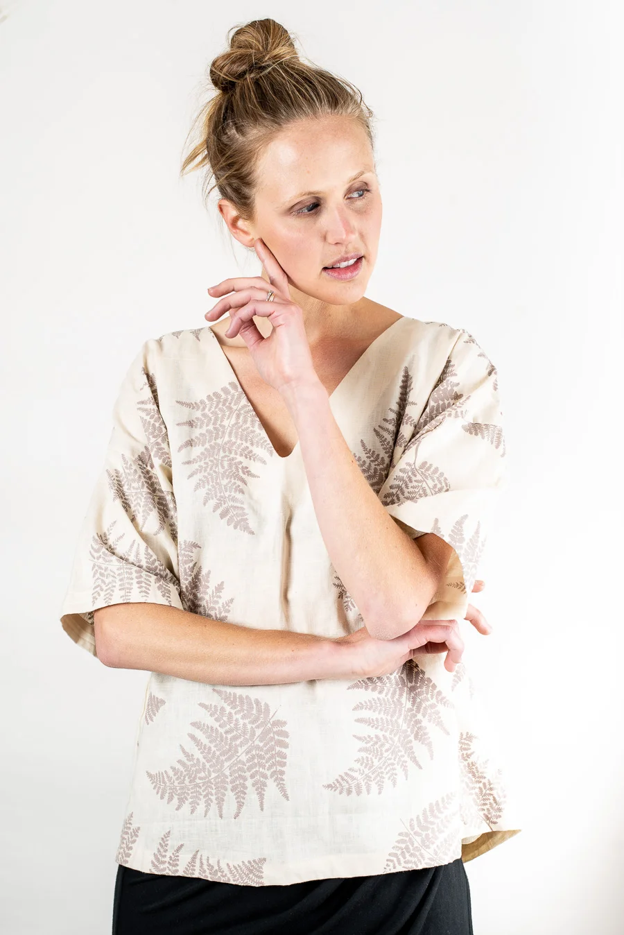 Tonle Veha fern top natural taupe hand printed linen Sustainable Fashion Product Photography