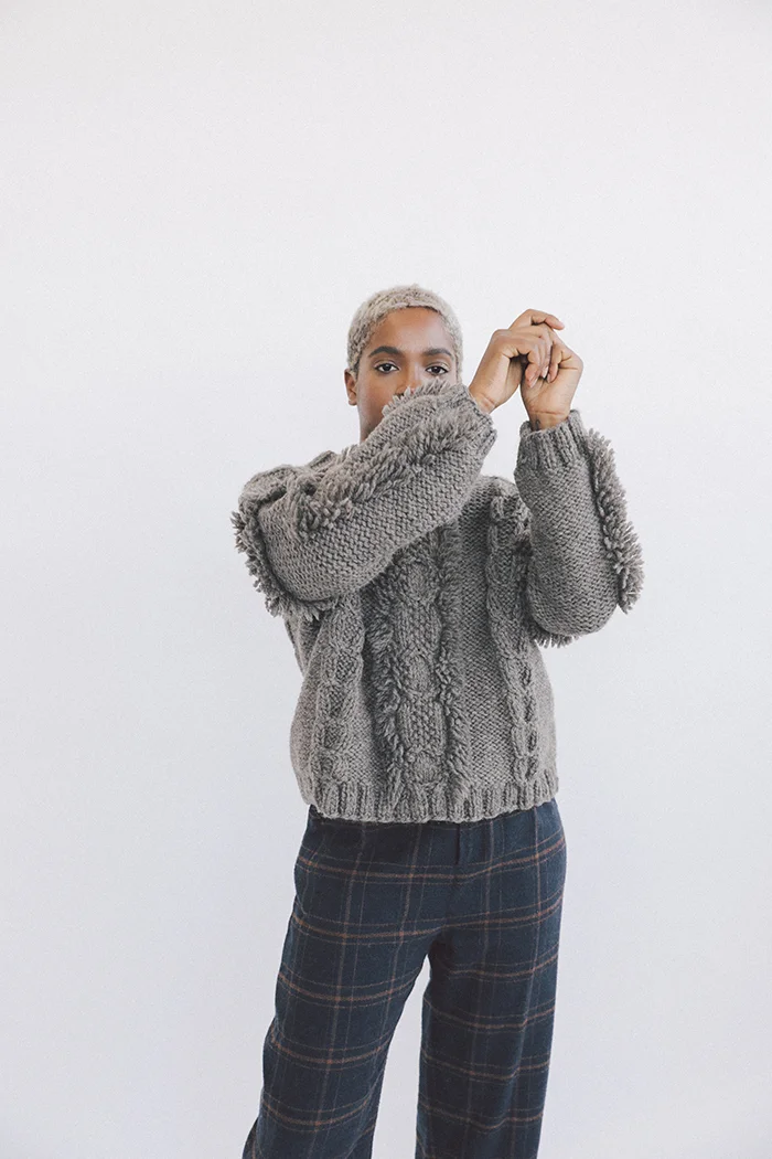 kordal alpaca eco wool fringe cable sweater fog grey sustainable fashion product photography