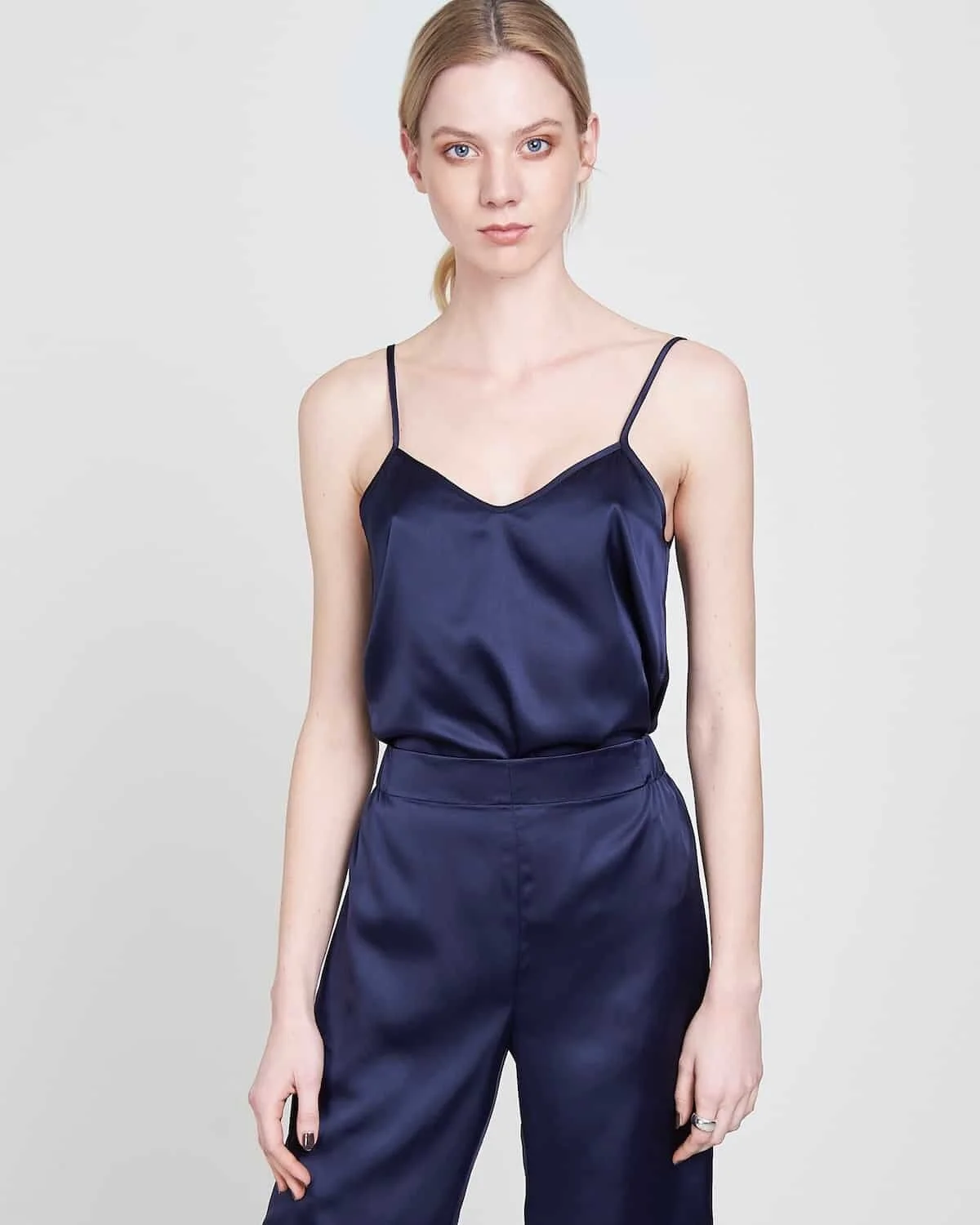 jan n june navy midnight camisole satin juliet recycled polyester sustainable fashion product photography
