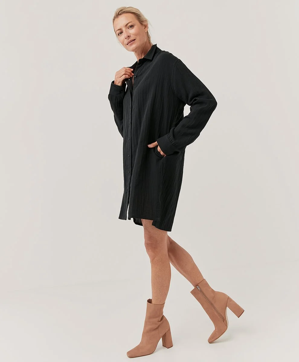 pact shirt dress Pact Medium Organic Cotton A-line Dress Black Surplice Short Sleeve Pockets V19