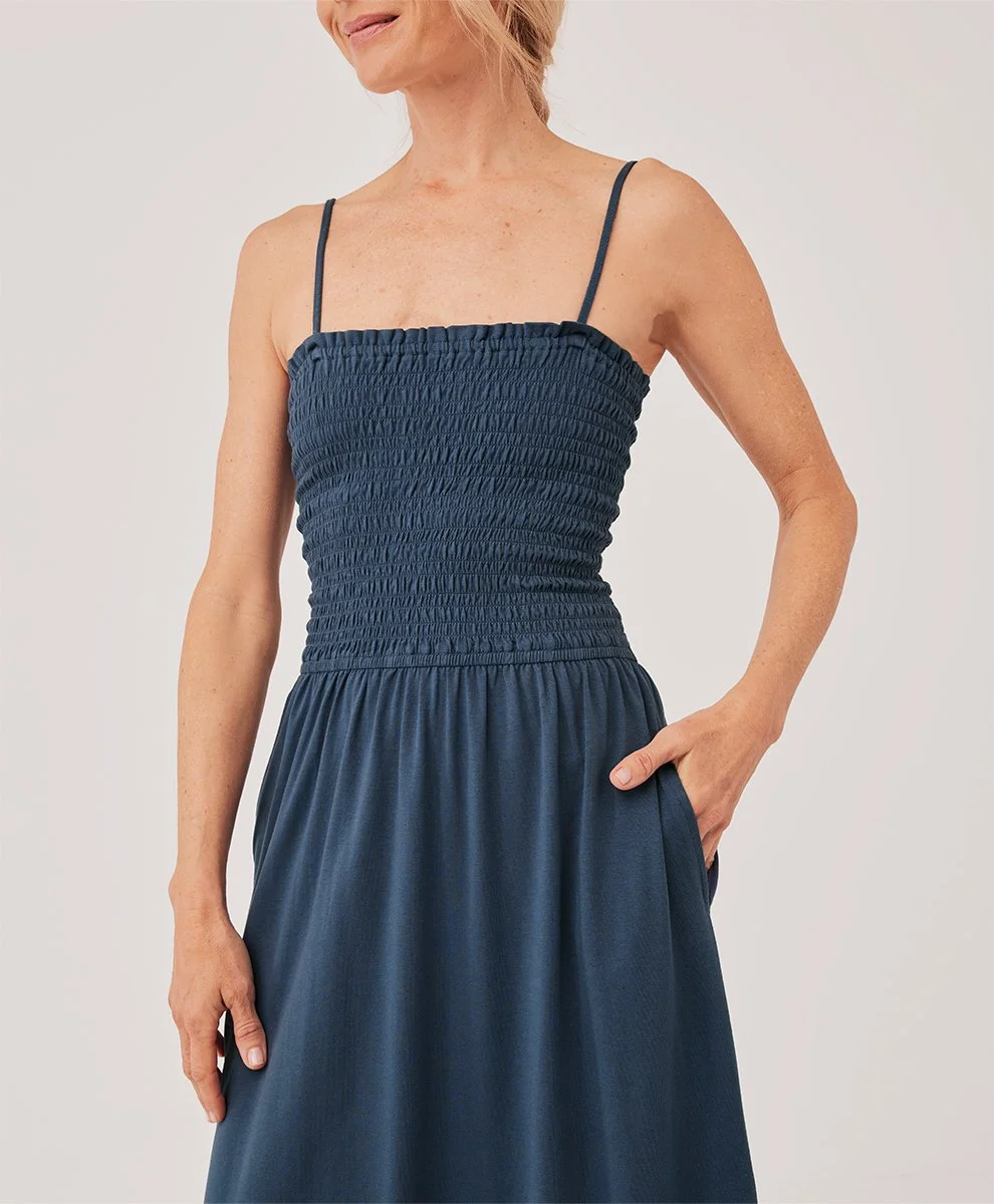 Pact Soire Smocked Maxi Dress French Navy  O O L O O P