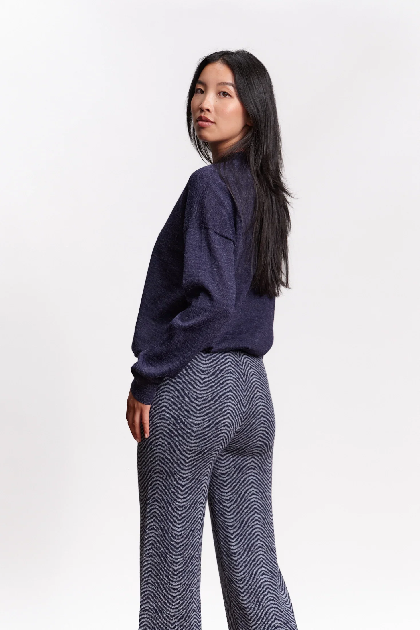 Baby Alpaca sweater pants Jungle Folk wavy navy product photography