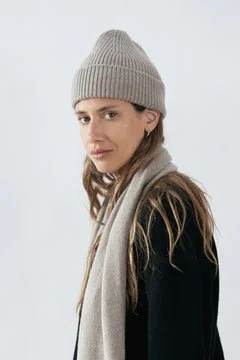 jungle folk ben recycled cashmere greige beanie sustainable hat product photography