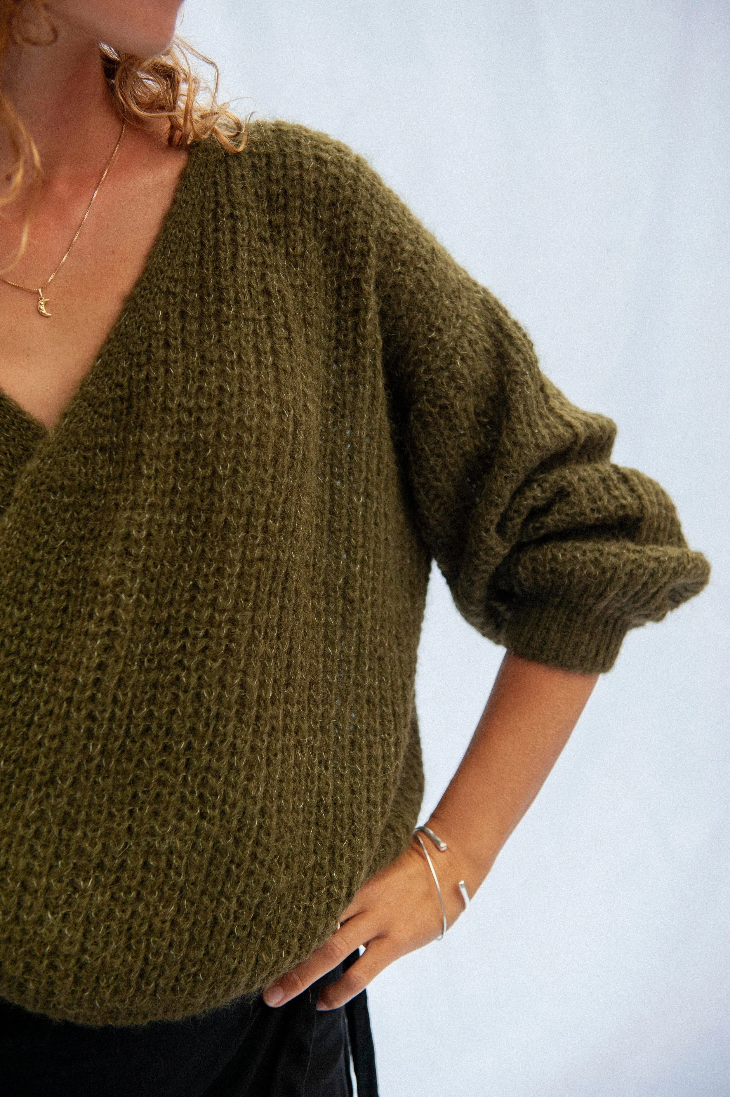 vega reversible wrap cardigan Sweater olive Jungle Folk Baby Alpaca product photography