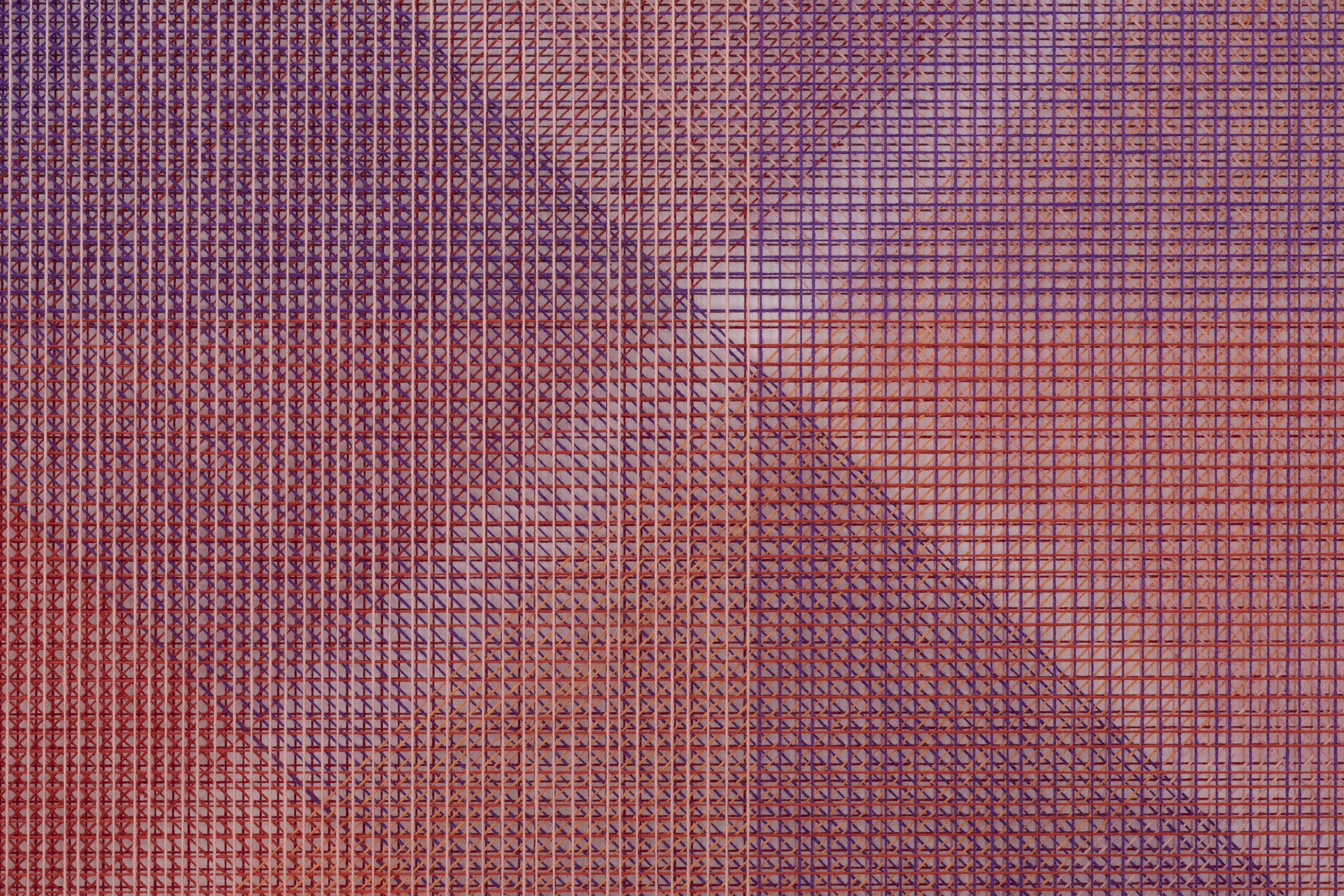 Autumn 2024, 2024 (detail). Cotton thread and custom acrylic frames. 150 × 200cm. Seasonal installation 2, Between Lines, Sydney.
