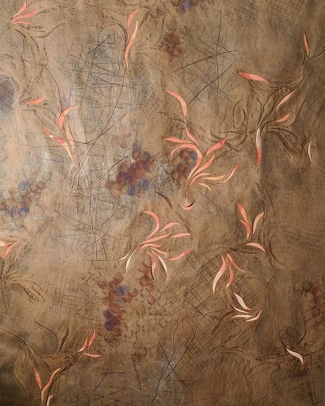 29x27in charcoal rubbings, pastel, copper wire on brown paper with salt and ink stained paper mounted on a 1in board.