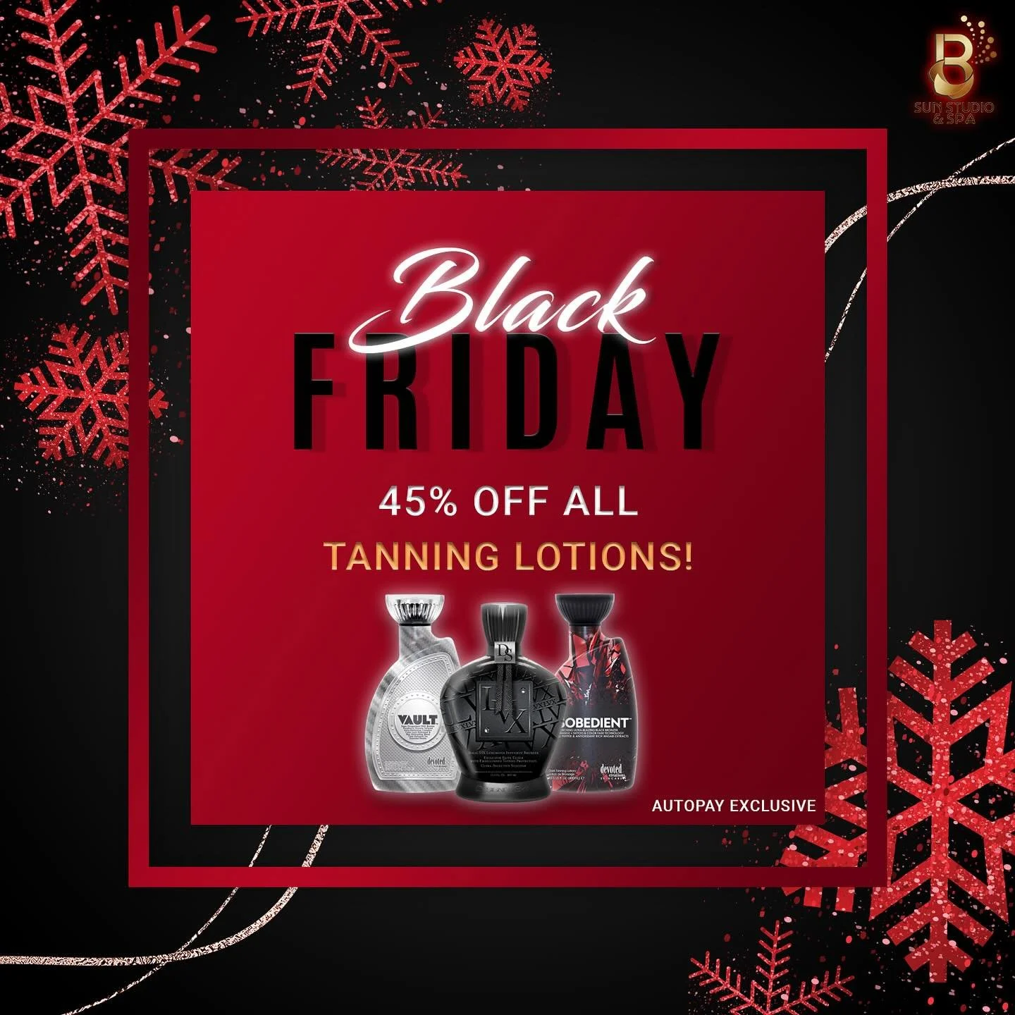 Black Friday is currently going on here at Beyond Bronze! Come on in and snag 45% off tanning lotions (YES THE NEW 2026 lotions are part of the sale!!), buy one get one free all tan extenders &amp; 30% off all spa products! This is while supplies las