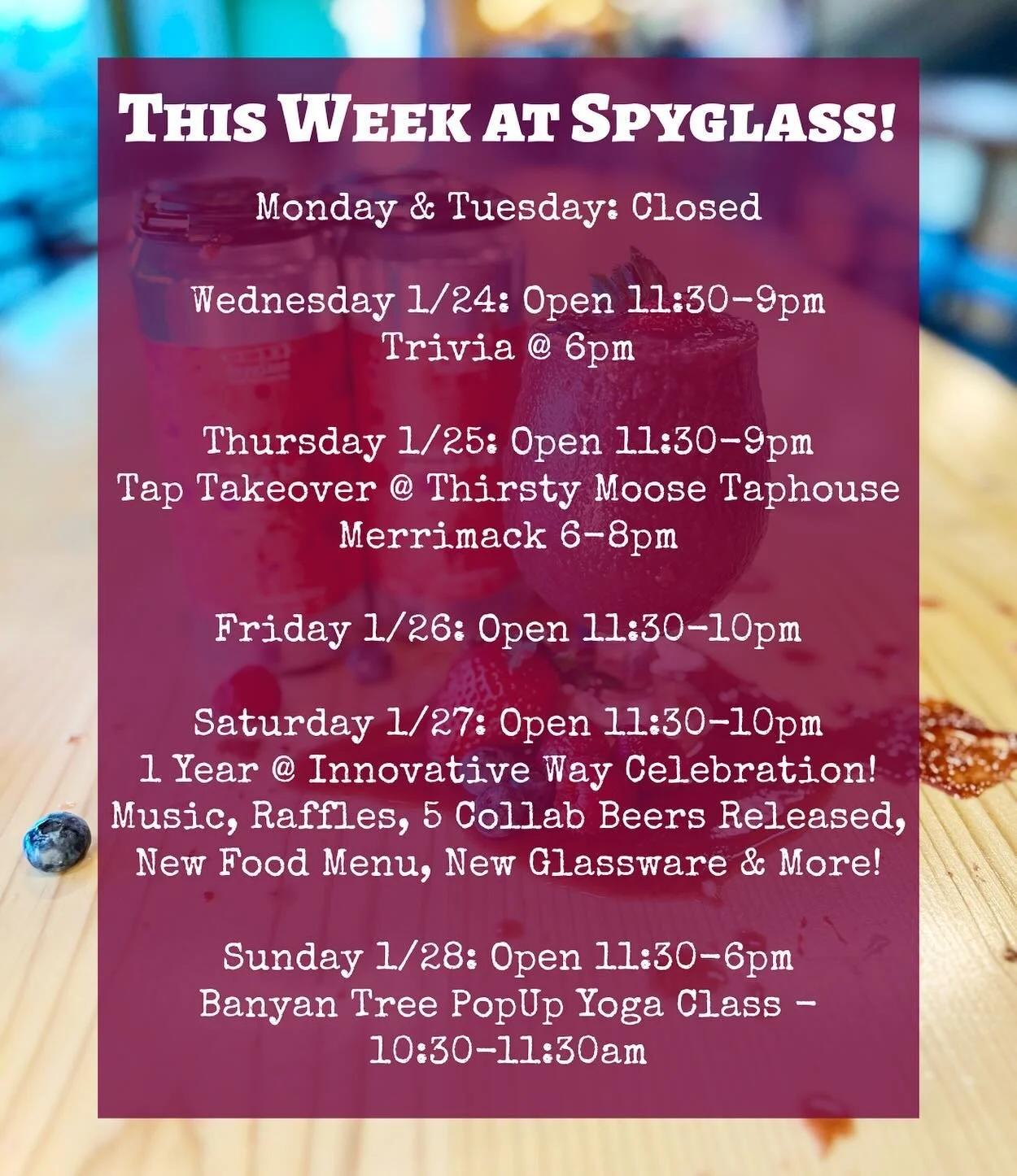 This Week @ Spyglass!

⁉️ Wednesday is Trivia Night at 6pm - Get there early to grab beer, food &amp; a seat!

🫎 Thursday night we&rsquo;re taking over Thirsty Moose Taphouse Merrimack from 6-8pm. We&rsquo;ll have samples of our latest beers, swag t