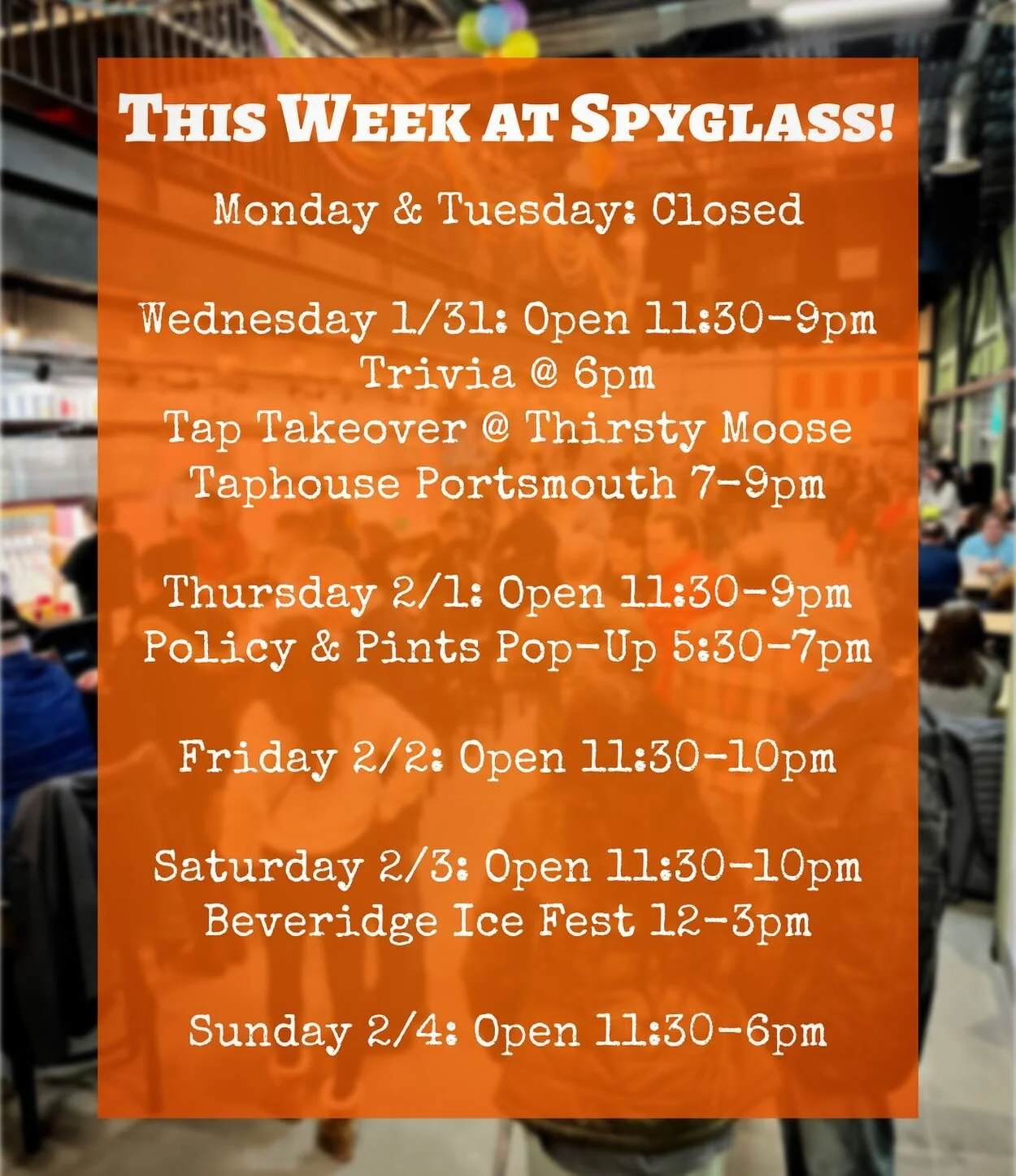 This Week at Spyglass!

Wednesday
⁉️Trivia at 6pm
🫎 Tap Takeover at @thirstymooseportsmouth 7-9pm

Thursday
Policy &amp; Pints Pop-Up put in by @stayworkplay - Sold Out - but swing by to chat and learn more!

Saturday
We&rsquo;ll be pouring at @beve